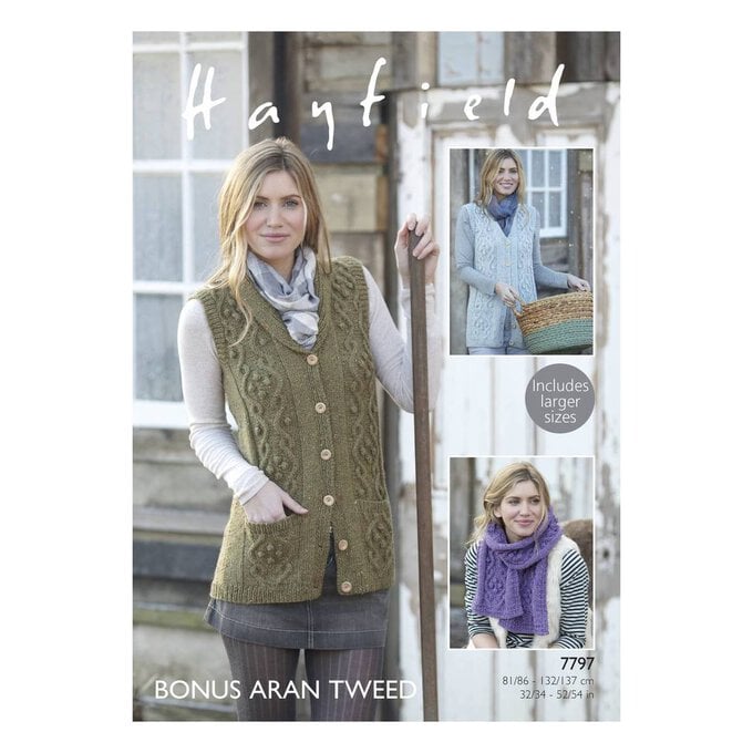 Hayfield Bonus Aran Tweed Waistcoat and Scarf Pattern 7797 image number 1