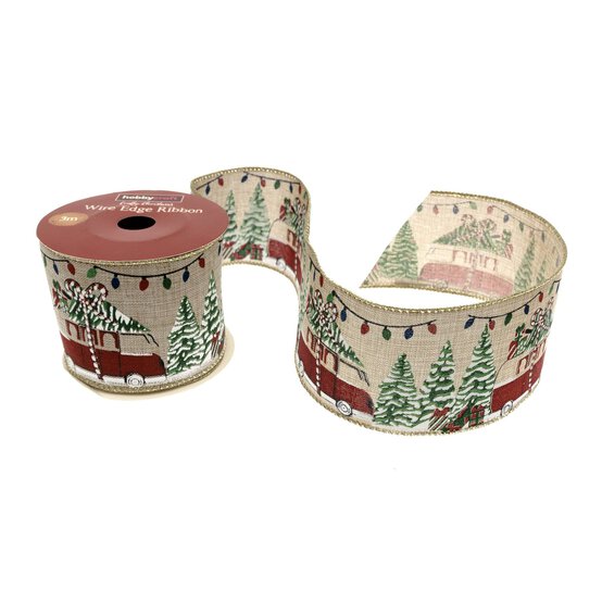 Christmas Campervan Wire Edge Printed Ribbon 63mm x 3m image number 1