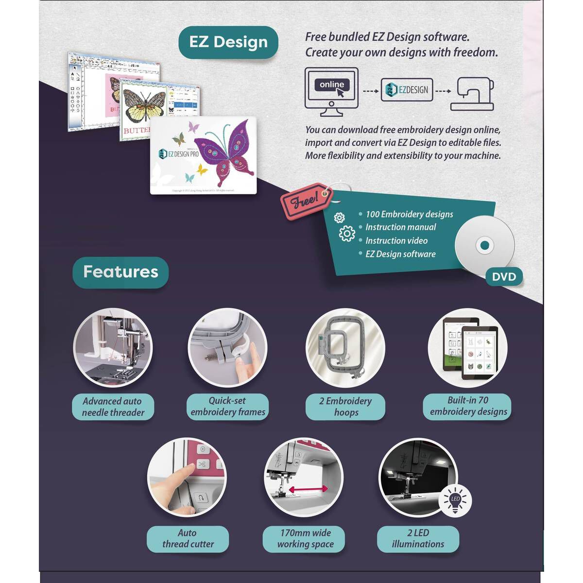 Silver CH03 Wifi Sewing and Embroidery Machine Hobbycraft