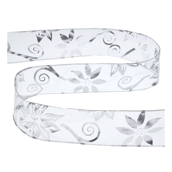 Silver Poinsettia Wire Edge Organza Ribbon 63mm x 3m image number 2