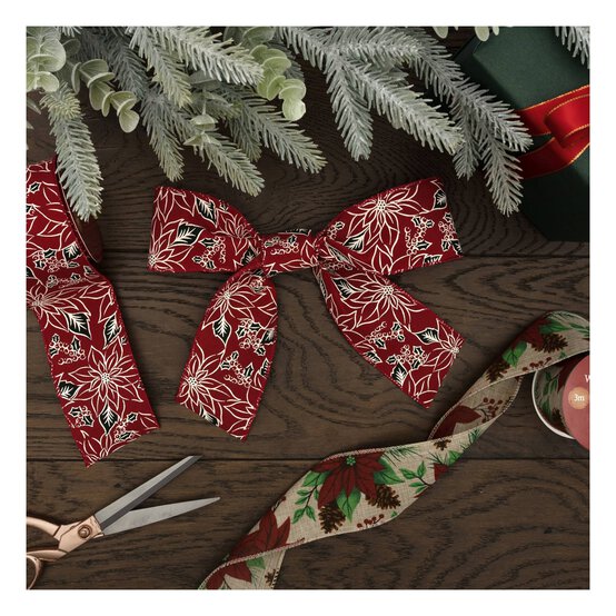 Poinsettia Pinecones Wire Edge Printed Ribbon 63mm x 3m image number 3