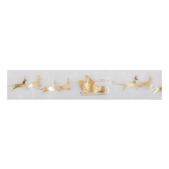 Gold Santa Sleigh Printed Organza Ribbon 34mm x 3m image number 2