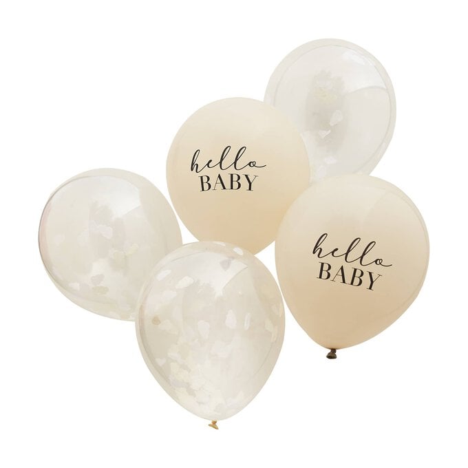 Ginger Ray Hello Baby Taupe and Cloud Confetti Balloons 5 Pack image number 1