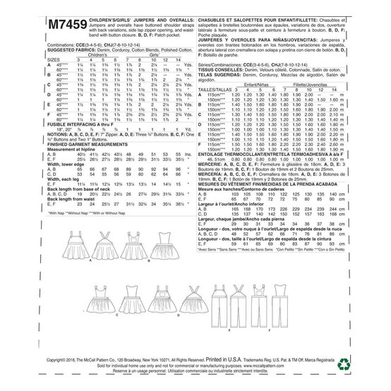 McCall’s Girls’ Overalls Sewing Pattern M7459 (3-6) image number 2