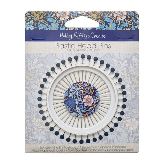 Blue Woodblock Floral Plastic Head Pins 40 Pack image number 1