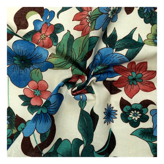 Blue Hibiscus Print Linen Look Fabric by the Metre image number 1