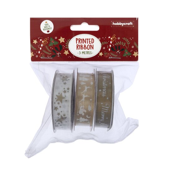 Xmas Rippon Gold Christmas Printed Ribbons 15mm x 3m 3 Pack | Hobbycraft