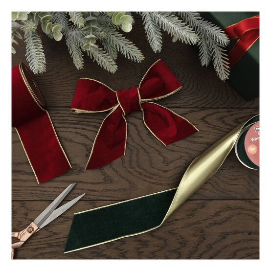 Green and Gold Wire Edge Velvet Ribbon 63mm x 3m image number 3