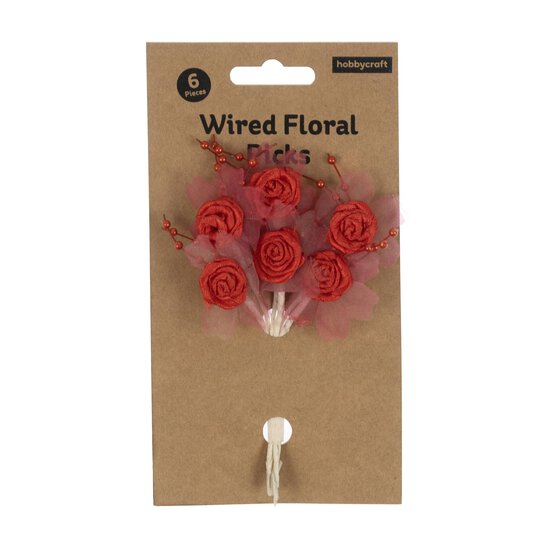 Red Pearl Rose Wired Floral Picks 6 Pieces  image number 5