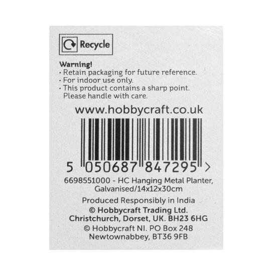Hanging Galvanised Metal Planter 14cm x 12cm x 30cm image number 5