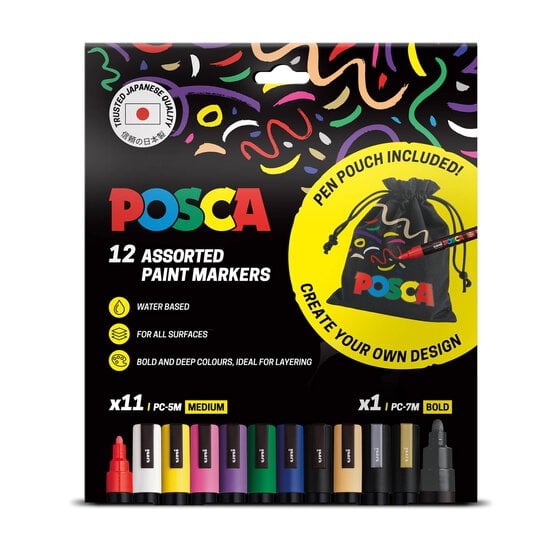 Uni-ball Posca Standard PC-5M Marker Pens and Pouch 12 Pack image number 1