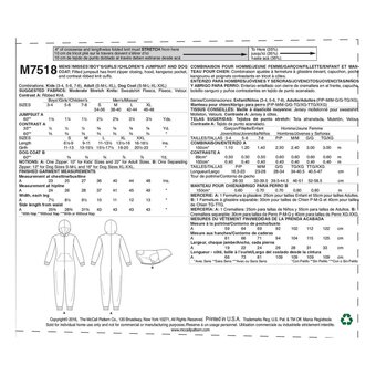 McCall’s Family Onesies Sewing Pattern M7518 (3-8)