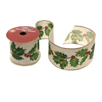 Holly Wire Edge Printed Ribbon 63mm x 3m