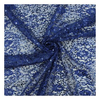 Royal Blue Sequin Floral Lace Fabric by the Metre