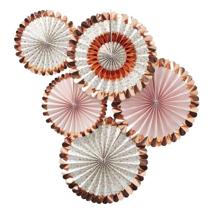 Ginger Ray Ditsy Floral Rose Gold Hanging Fan Decorations 5 Pack image number 1