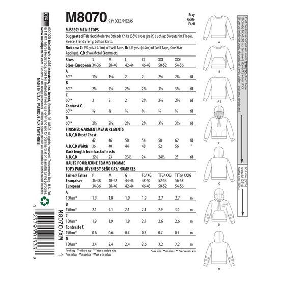McCall&rsquo;s Hoodie and Sweatshirt Sewing Pattern S-L M8070 image number 2