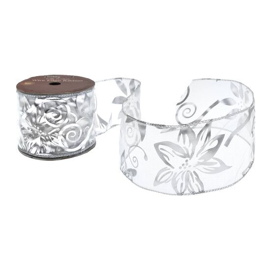 Silver Poinsettia Wire Edge Organza Ribbon 63mm x 3m image number 1