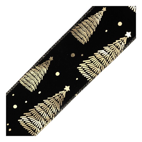 Black and Gold Tree Wire Edge Velvet Ribbon 63mm x 3m image number 3