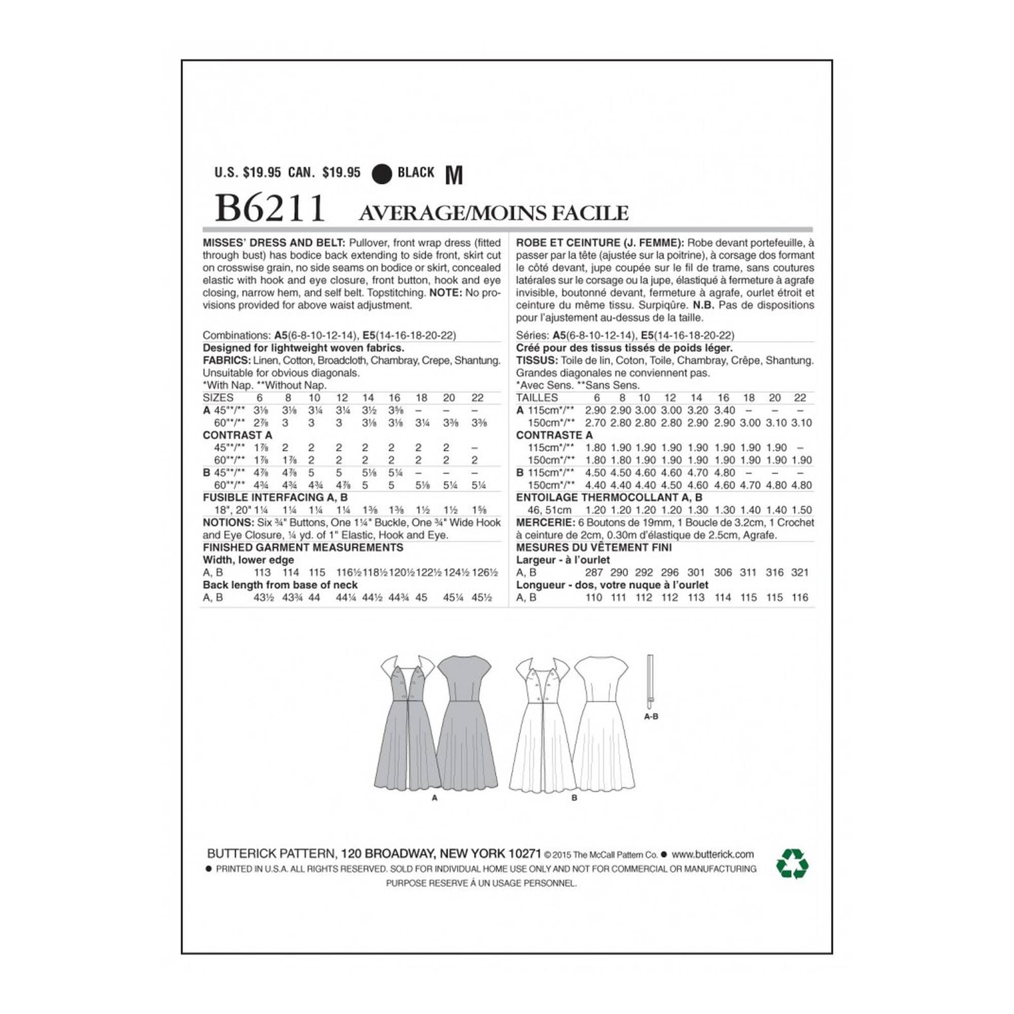 Butterick Women's Dress Sewing Pattern B6211 (E5 14-22) | Hobbycraft