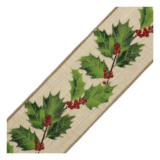 Holly Wire Edge Printed Ribbon 63mm x 3m image number 4