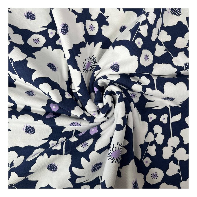 Scattered Flowers Navy Cotton Spandex Jersey Fabric by the Metre