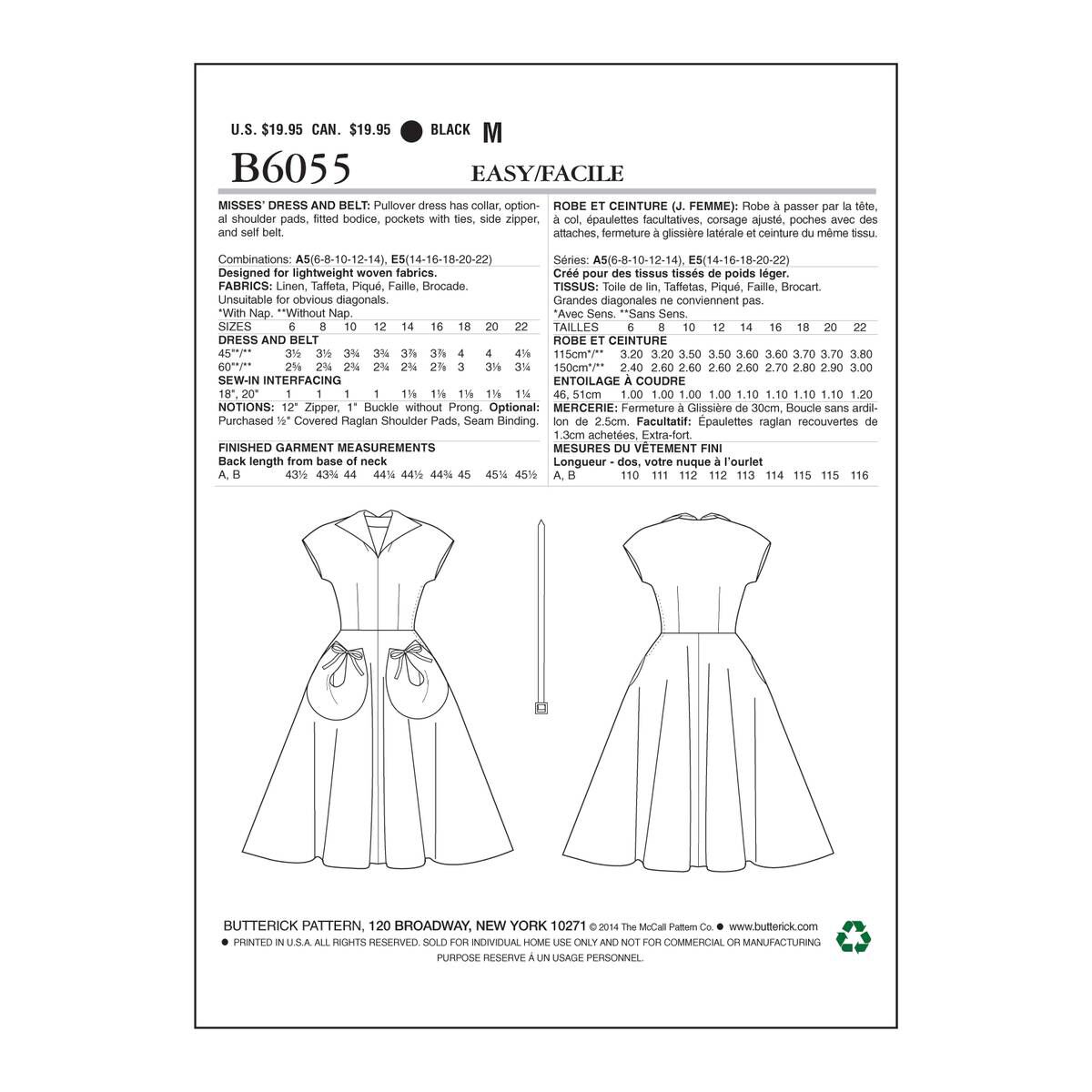 Butterick Women's Dress and Belt Sewing Pattern B6055 (A5 6-14 ...