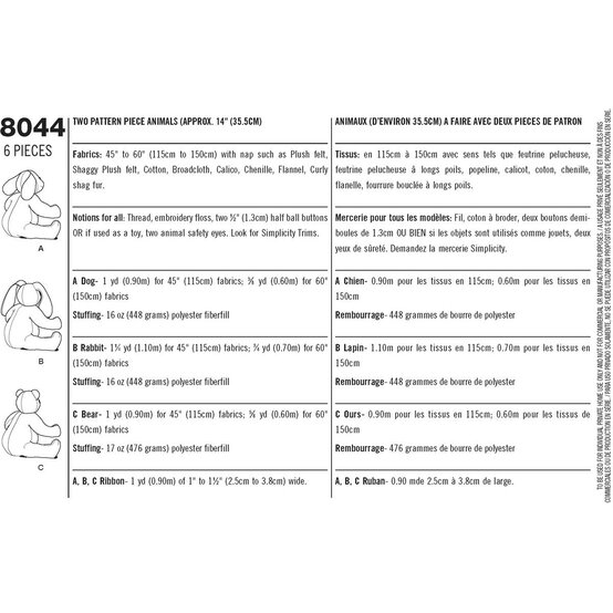 Simplicity Stuffed Animals Sewing Pattern 8044 image number 3