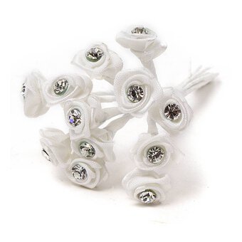 White Diamante Ribbon Roses 12 Pack