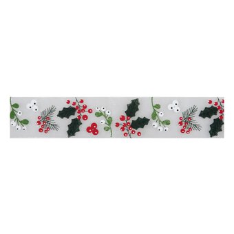 Holly and Berries Printed Organza Ribbon 34mm x 3m