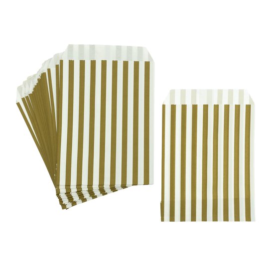 Gold and White Striped Treat Bags 50 Pack image number 1