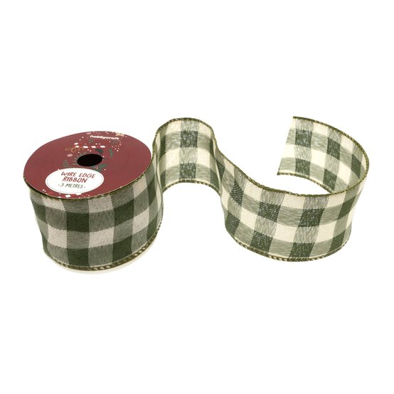 Green Check Wire Edge Printed Ribbon 63mm x 3m image number 1