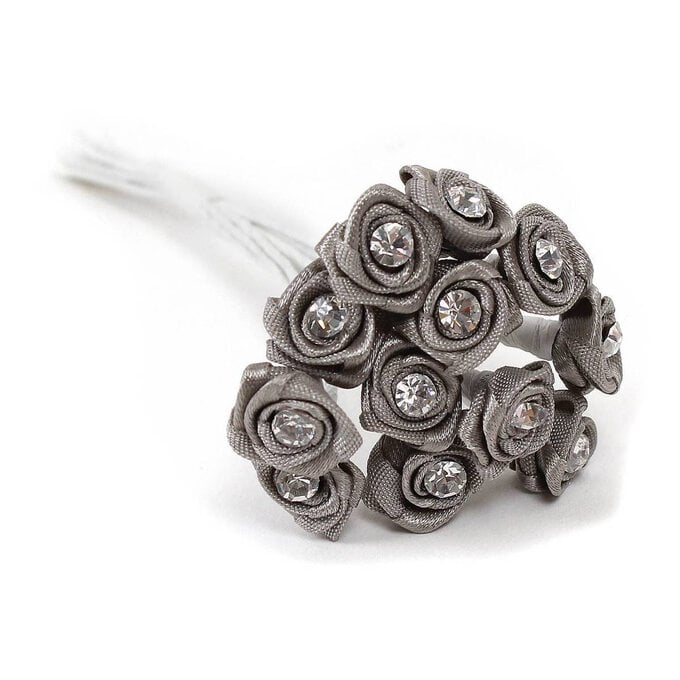Grey Diamante Ribbon Roses 12 Pack image number 1