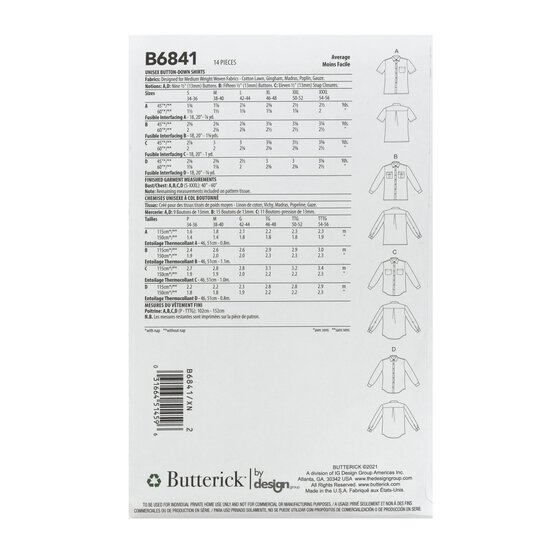 Butterick Unisex Shirts Sewing Pattern B6841 (XN XL-XXXL) image number 2