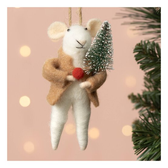 Hanging Felted Mouse with Tree Decoration 12cm image number 1
