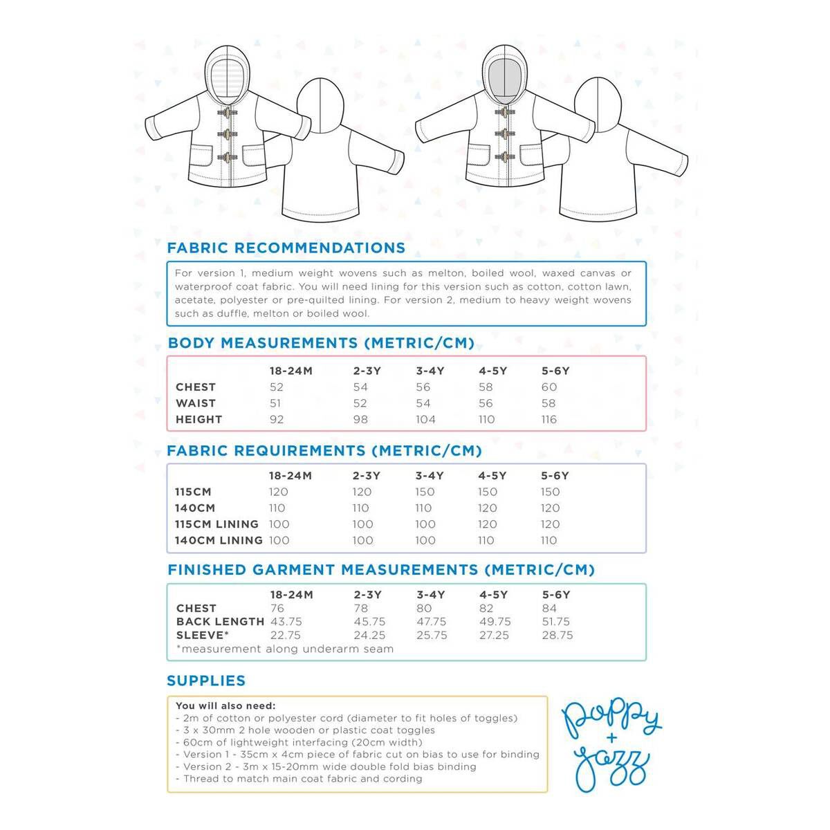 Poppy & Jazz Walnut Duffle Coat Sewing Pattern (1.56) Hobbycraft