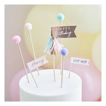 Ginger Ray Pom Pom Happy Birthday Cake Toppers 4 Pack image number 2