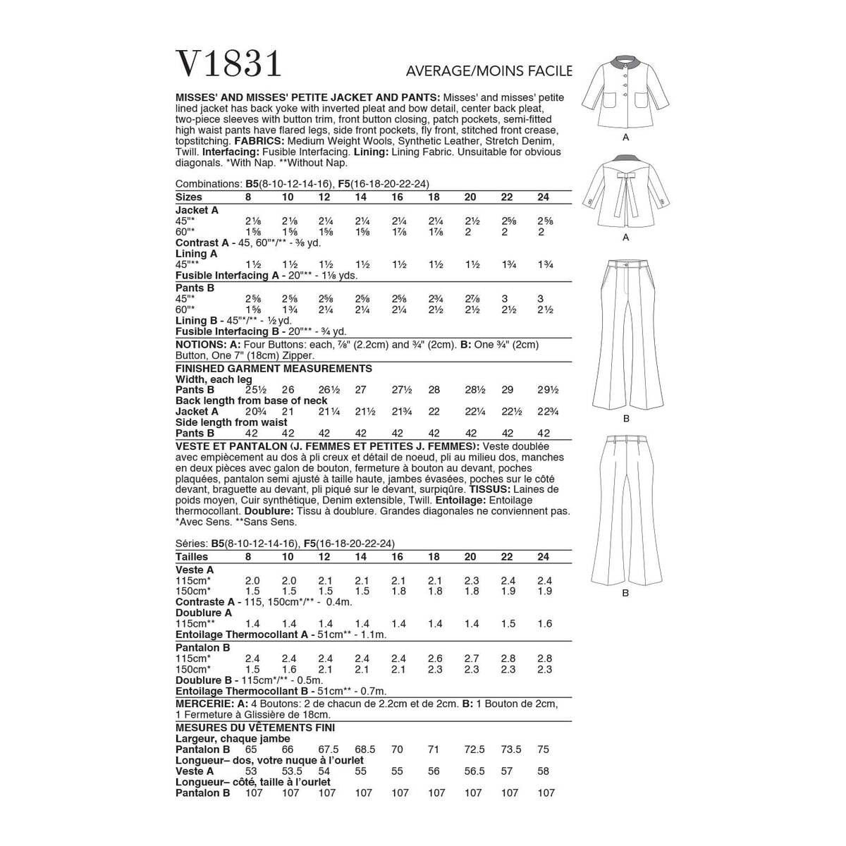 Vogue Women's Jacket and Trousers Sewing Pattern V1831 (B5 8-16 ...