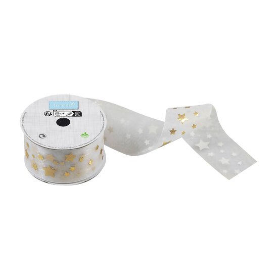 Gold Star Printed Organza Ribbon 34mm x 3m image number 1