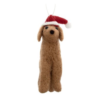 Hanging Felted Dog in Santa Hat Decoration 8.5cm
