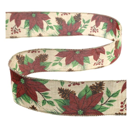 Poinsettia Pinecones Wire Edge Printed Ribbon 63mm x 3m image number 2