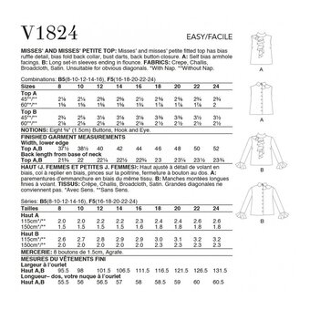 Vogue Women's Top  Sewing Pattern V1824 (B5 8-16)