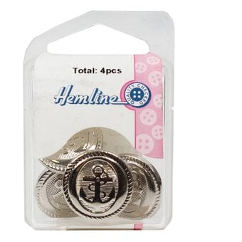 Hemline Silver Metal Military Anchors Button 4 Pack