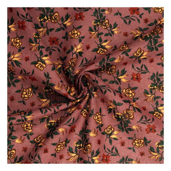 Dusty Pink Floral Print Linen Look Fabric by the Metre image number 1
