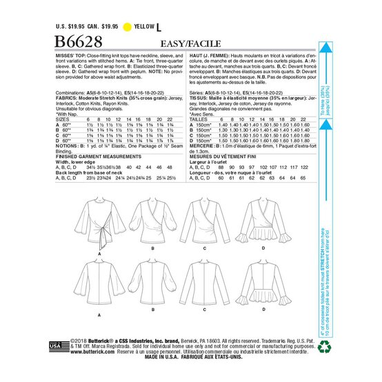 Butterick Women's Top  Sewing Pattern B6629 (E5 14-22) image number 2