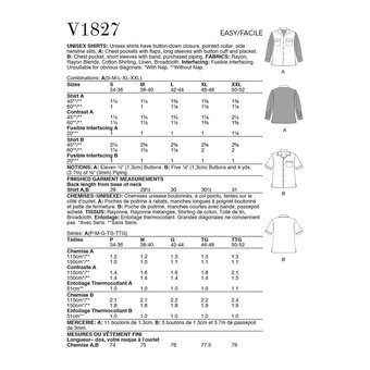 Vogue Unisex Shirts  Sewing Pattern V1827 (A S-XXL)