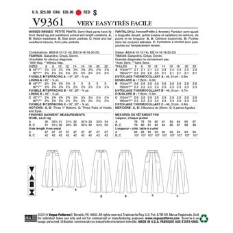 Vogue Women’s Petite Trousers Sewing Pattern V9361 (6-14)