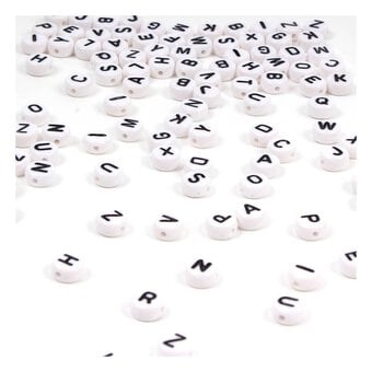 White Round Flat Alphabet Beads with Black Words 3mm x 7mm