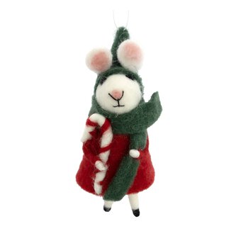 Hanging Felted Candy Cane Mouse Decoration 12cm