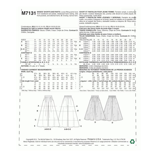 McCall's Women's Shorts and Trousers  Sewing Pattern M7131 (B5 8-16) image number 1