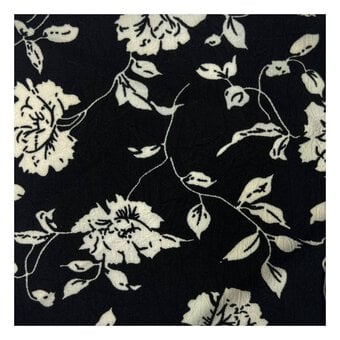 White on Black Floral Crinkle Print Fabric by the Metre image number 2